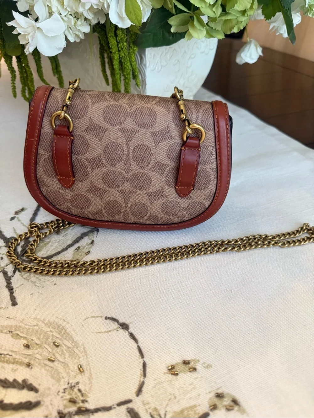 Coach Small Signature Crossbody in Tan and Brown with Gold Chain